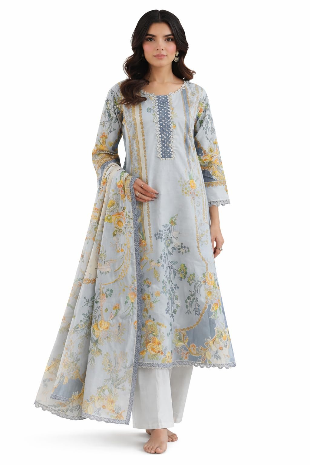 61mwtVpfD8L Women's Readymade Dress, Light Blue Floral Printed Long Kurta with Dupatta and Palazzo Set, Embroidered Ethnic Wear (Size - XXL) - Image 1