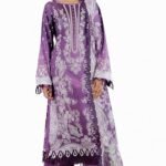 Women's Purple Embroidered Lawn Suit 3-Piece Set with Dupatta | Floral Print Anarkali Kurta with Pants | Stitched XXL