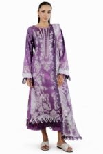 Women's Purple Embroidered Lawn Suit 3-Piece Set with Dupatta | Floral Print Anarkali Kurta with Pants | Stitched XXL