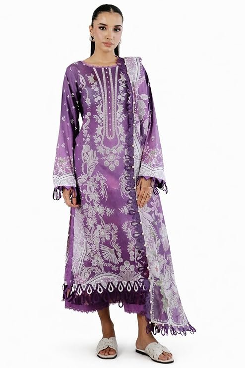 61rM0ExGjRL._SY741_ Women's Purple Embroidered Lawn Suit 3-Piece Set with Dupatta | Floral Print Anarkali Kurta with Pants | Stitched XXL - Image 1