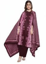 Women’s Printed Salwar Suit Set – Pink & Maroon Floral Embroidered Kurta with Pants & Dupatta | 3-Piece Ethnic Wear (Unstitched)