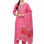 Women’s Pink Printed Cotton Kurta Set with Dupatta – Traditional Indian Ethnic Wear | 3-Piece Suit (Unstitched)