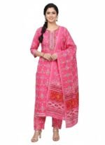 Women’s Pink Printed Cotton Kurta Set with Dupatta – Traditional Indian Ethnic Wear | 3-Piece Suit (Unstitched)