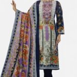 Women’s Embroidered Lawn Cotton Suit Set – Floral Print Kurta with Pants & Dupatta | Navy Blue & Purple Ethnic Wear (Unstitched)