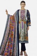 Women’s Embroidered Lawn Cotton Suit Set – Floral Print Kurta with Pants & Dupatta | Navy Blue & Purple Ethnic Wear (Unstitched)