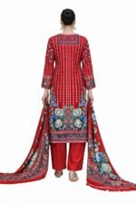 Women’s Red Printed Salwar Suit Set – Floral Embroidered Kurti with Palazzo & Dupatta | Traditional Pakistani Style Dress (Unstitched) - Image 2