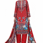 Women’s Red Printed Salwar Suit Set – Floral Embroidered Kurti with Palazzo & Dupatta | Traditional Pakistani Style Dress (Unstitched)