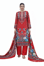 Women’s Red Printed Salwar Suit Set – Floral Embroidered Kurti with Palazzo & Dupatta | Traditional Pakistani Style Dress (Unstitched)