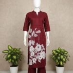 Women Maroon Floral Printed Cord Set with Palazzo Pants – Stylish Ethnic Kurta Set for Daily & Office Wear