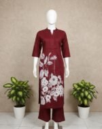Women Maroon Floral Printed Cord Set with Palazzo Pants – Stylish Ethnic Kurta Set for Daily & Office Wear