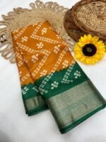 Super Bandhani Ajrakh Gold Saree with Zari Border | Heavy Party Wear Saree for Women - Image 2