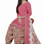 Women’s Printed Salwar Suit Set Pink Floral – Long Sleeve Kurta with Patiala Salwar & Dupatta | Ethnic Wear (Unstitched)