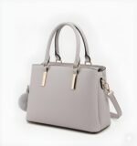 Premium Women’s PU Leather Handbag | Stylish Shoulder & Tote Bag with Fur Charm| Light Grey - Image 2