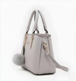 Premium Women’s PU Leather Handbag | Stylish Shoulder & Tote Bag with Fur Charm| Light Grey - Image 4