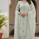 Women Light Green Jarkan Embroidered Salwar Kameez Set – Sequin Work Ethnic Suit with Dupatta (Unstitched)