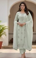 Women Light Green Jarkan Embroidered Salwar Kameez Set – Sequin Work Ethnic Suit with Dupatta (Unstitched)