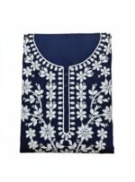 Women Navy Blue Embroidered Kurta Set with Dupatta – White Floral Embroidery, 3/4 Sleeve Kurta & Polka Dot Pants (Unstitched) - Image 2