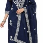 Women Navy Blue Embroidered Kurta Set with Dupatta – White Floral Embroidery, 3/4 Sleeve Kurta & Polka Dot Pants (Unstitched)