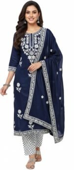 Women Navy Blue Embroidered Kurta Set with Dupatta – White Floral Embroidery, 3/4 Sleeve Kurta & Polka Dot Pants (Unstitched)