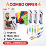 Mobile Accessories Combo Offer – Wired Earphone + Mobile Stand + Cable Protector Set | Universal Smartphone Combo Pack