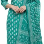 Women’s Green Embroidered Lawn Cotton Suit Set – Floral Print Kurta with Dupatta & Pants | 3 Piece Ethnic Wear (Unstitched)