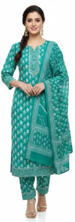 Women’s Green Embroidered Lawn Cotton Suit Set – Floral Print Kurta with Dupatta & Pants | 3 Piece Ethnic Wear (Unstitched)