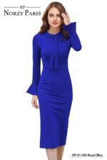 Elegant Royal Blue Midi Dress with Tie-Neck and Flared Cuffs Full Sleeve Women Western Dress Knee Length Solid Colour Blue - Image 2