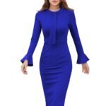 Elegant Royal Blue Midi Dress with Tie-Neck and Flared Cuffs Full Sleeve Women Western Dress Knee Length Solid Colour Blue