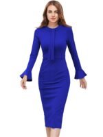 Elegant Royal Blue Midi Dress with Tie-Neck and Flared Cuffs Full Sleeve Women Western Dress Knee Length Solid Colour Blue