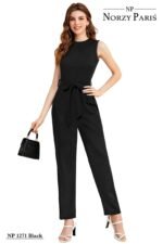 Norzy Paris Women Black Slim Fit Jumpsuit – Sleeveless Halter Neck Belted Party Jumpsuit