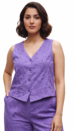 Women’s Purple Printed Co-ord Set | Sleeveless V-Neck Top & Wide Leg Pants Casual Outfit - Image 4