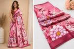 Blush Harmony Pink Semi Murshidabad Bapta Silk Saree – Handblock Floral Design with Maroon Borders & Blouse - Image 2