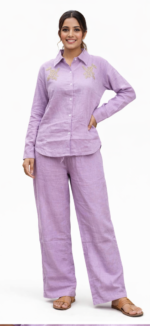 Women Lavender Cotton Co-ord Set with Embroidery | Stylish Shirt & Palazzo Set - Image 2