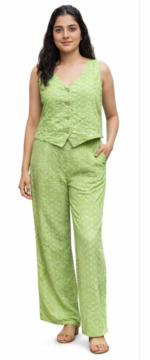 Women’s Green Printed Co-ord Set | Sleeveless Top & Wide Leg Pants Casual Outfit - Image 2