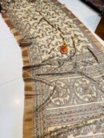 Beige Tussar Silk Saree with Hand-Painted Madhubani Motifs – Birds, Florals & Geometry