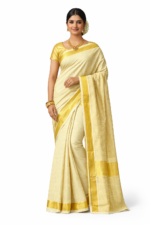 Micro Checked Cotton Blend Kerala Saree for Women | Off White Kasavu Saree with Gold Border