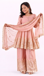 Women’s Peach Embroidered Kurta Palazzo Dupatta Set | Festive Ethnic Wear - Image 2