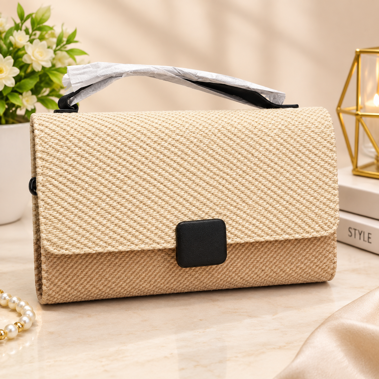 16606219-aefd-421e-adb0-759dfa8b7297 Beige Woven Handbag for Women – Stylish Handheld Clutch - Image 1