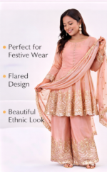 Women’s Peach Embroidered Kurta Palazzo Dupatta Set | Festive Ethnic Wear - Image 5