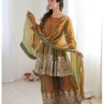 Women’s Brown & Olive Embroidered Kurta Palazzo Dupatta Set | Festive Ethnic Wear