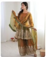 Women’s Brown & Olive Embroidered Kurta Palazzo Dupatta Set | Festive Ethnic Wear