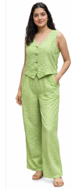 Women’s Green Printed Co-ord Set | Sleeveless Top & Wide Leg Pants Casual Outfit - Image 3
