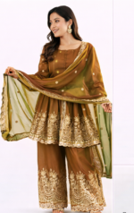 Women’s Brown & Olive Embroidered Kurta Palazzo Dupatta Set | Festive Ethnic Wear - Image 2