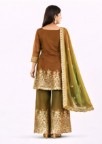 Women’s Brown & Olive Embroidered Kurta Palazzo Dupatta Set | Festive Ethnic Wear - Image 3