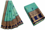Aqua Teal Handwoven Mahabalipuram Silk Saree with Navy Blue Antique Gold Zari Border - Image 3