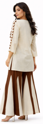 Women Cream & Brown Embroidered Kurta Set | Designer Ethnic Co-ord Set with Palazzo | Party & Festive Wear - Image 5