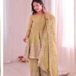 Women’s Mustard Yellow Peplum Kurta Palazzo Set with Dupatta | Embroidered Ethnic Party Wear Suit