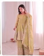 Women’s Mustard Yellow Peplum Kurta Palazzo Set with Dupatta | Embroidered Ethnic Party Wear Suit