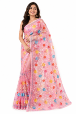 Blush Pink Resham Kota Hand-Embroidered Silk Saree – Vibrant Multicolor Threadwork (No Blouse Piece)