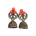 Trendy Floral Jhumka Earrings | Antique Gold Jhumka | Multicolor (Pink, Orange, Green) | Ethnic & Party Wear - Image 2